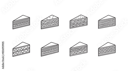 Collection of delicious layered cake slices icon set isometric perspective hand drawn style vector