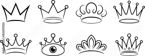 Collection of Eight Stylized Crown Icons in Black and White