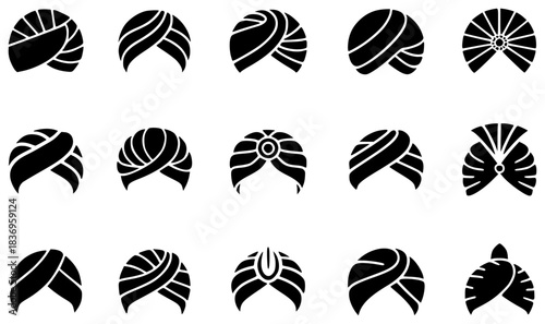 Collection of Diverse Black Turban Icons on White Background