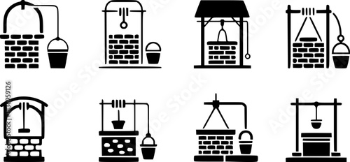 Collection of Eight Stylized Water Well Icons with Buckets