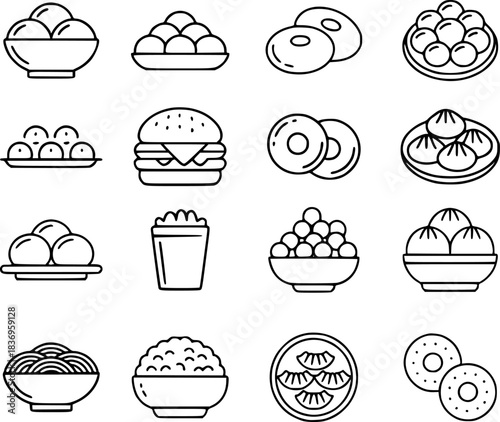 Collection of Food Icons Dumplings, Donuts, Burgers, and More