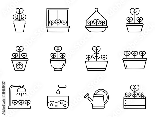 Collection of Icons Depicting Plant Growth and Gardening Activities