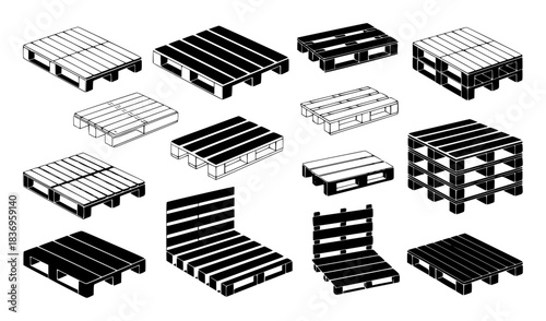 Collection of Isometric Wooden Pallets in Black and White