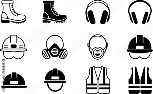 Collection of Safety Equipment Icons for Industrial and Construction Work