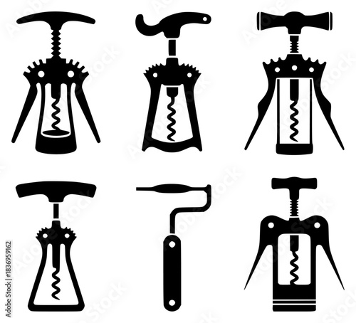 Collection of Six Different Black and White Corkscrew Icons