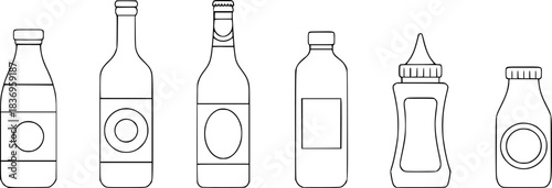 Collection of Six Outline Drawings of Various Bottles and Squeeze Bottles