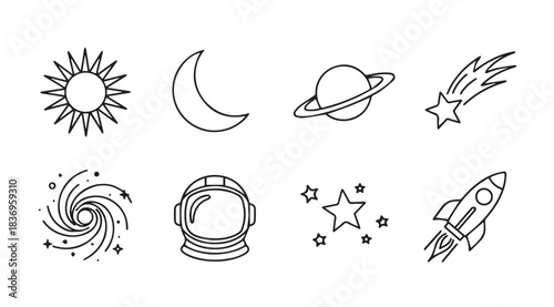 Whimsical hand drawn space elements collection sun moon planet rocket astronaut stars galaxy art vector