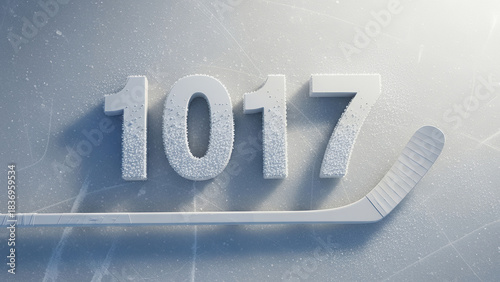Hockey stick and the number 1017 representing a new record in sports on an icy background