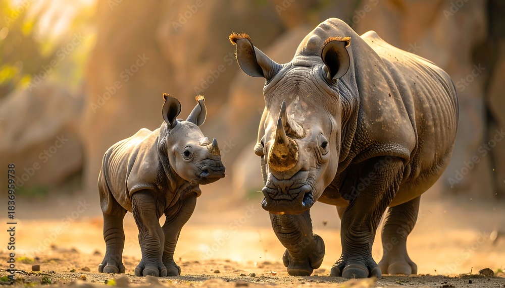 Fototapeta premium A rhinoceros mother and her calf walking in golden sunlight, dusty ground, and blurred foliage background