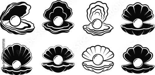 A collection of monochrome oyster shells with pearls inside arranged in a grid