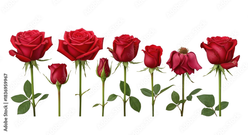 Naklejka premium Red roses in different stages of bloom transparent background cutout png
