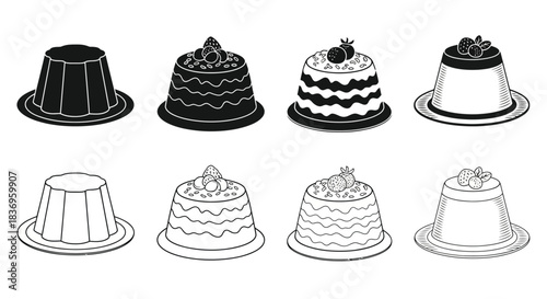 A collection of black and white dessert illustrations showcasing various cake designs