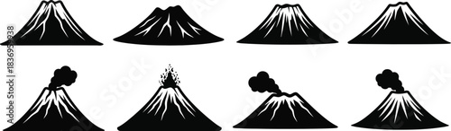 Simple black and white illustration of multiple volcano shapes and formations