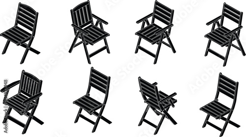 An arrangement of eight black wooden folding chairs on a white background