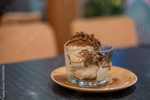 Square Tiramisu served in a cup in the cafe