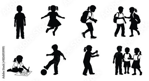 Children silhouettes playfully engaged in various activities depicting childhood joy