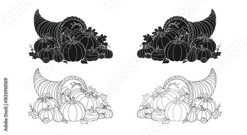 Black and white illustration of cornucopias filled with pumpkins and autumn leaves
