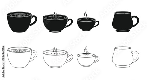 Black and white illustration of various coffee cups in different shapes