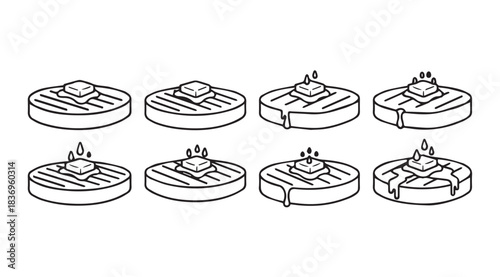 Eight variations of a small circular food item with topping presented as line art vector