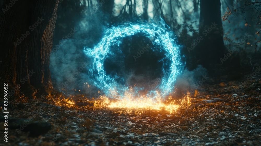 Obraz premium Mystical fire ring in dark forest; fantasy background