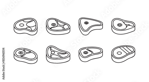 Collection of raw steak cuts line art isolated food icons for culinary and meat industry vector