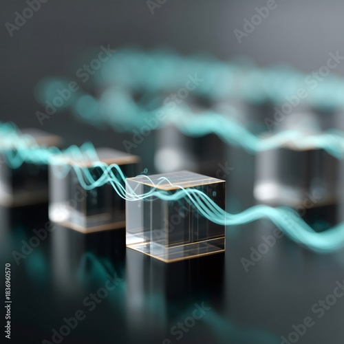 Wave propagation through transparent glass cubes representing photonics, signal transmission, and quantum technology