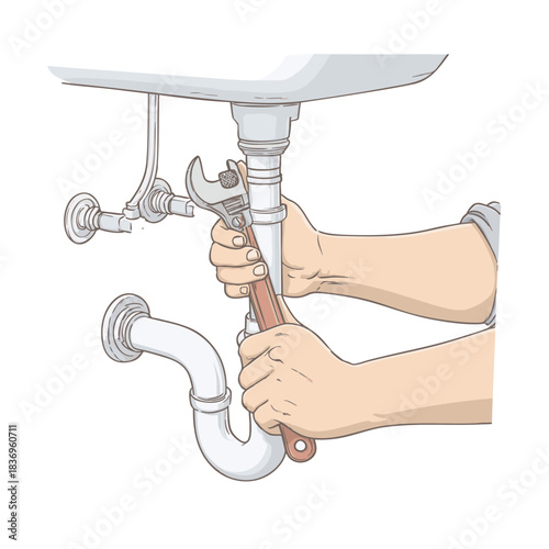 Minimal flat vector close-up of a plumber replacing a sink siphon with wrench and pipe connectors in a clean geometric style on a white background for plumbing repair 
