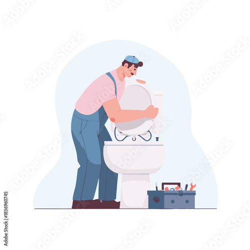 Minimal flat vector illustration of a plumber fixing a toilet tank leak by adjusting internal components in a clean simplified style on a white background for service repair and plumbing maintenance 