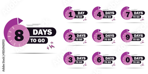 Countdown days to go banner. count time and days for sale banner, poster, lable, Nine, eight, seven six five four three two one zero days to go with purple and black color. Vector template 