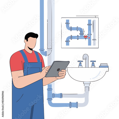 Minimal flat vector of a plumber diagnosing a bathroom plumbing issue using a digital tablet with simplified pipe diagrams in a clean geometric style on a white background, ideal for service