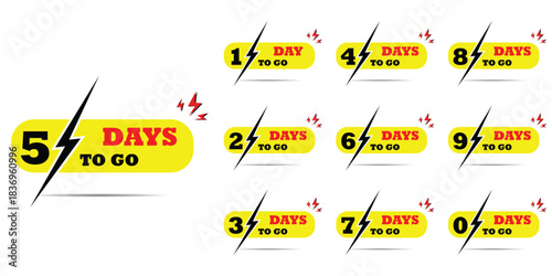 Countdown of days 1,2,3,4,5,6,7,8,9,10. The days to go badges. A countdown is going on, one day to go badge and label to calculate the date of work. Offer timer, sticker limited to a few days.