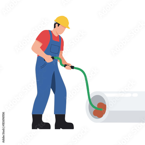 Minimal flat vector of a plumber using a drain snake to unclog pipes with a simple cutaway view in a clean geometric style on a white background for plumbing repair, drainage services and maintenance 