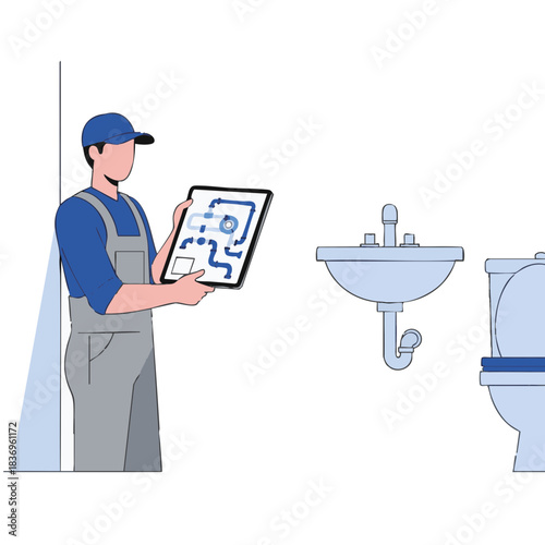 Minimal flat vector of a plumber diagnosing a bathroom plumbing issue using a digital tablet with simplified pipe diagrams in a clean geometric style on a white background, ideal for service