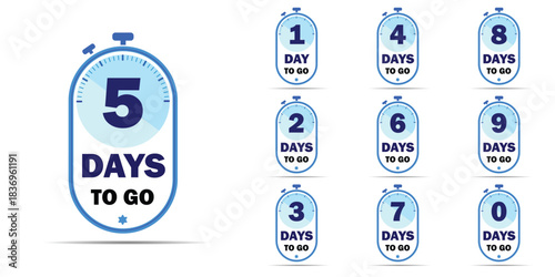 Countdown days go to banner, countdown left days banner. count time sale. Nine, eight, seven, six, five, four, three, two, one, zero days left. Vector illustration with clock face