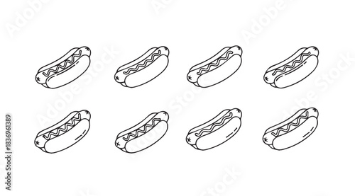 Hand-drawn sketch style hot dogs arranged in two rows for food photography or design vector