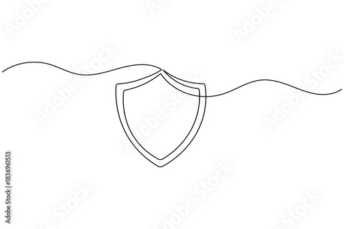 Continuous line drawing of a shield icon, cybersecurity symbol
