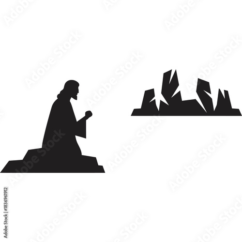 Silhouette of a Person Praying in the Wilderness prayer mountain faith spirituality kneeling rocky solitude