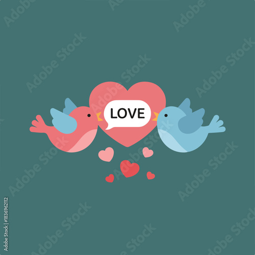 Two cartoon birds, one pink and one blue, chirp "LOVE" from a heart-shaped speech bubble.
