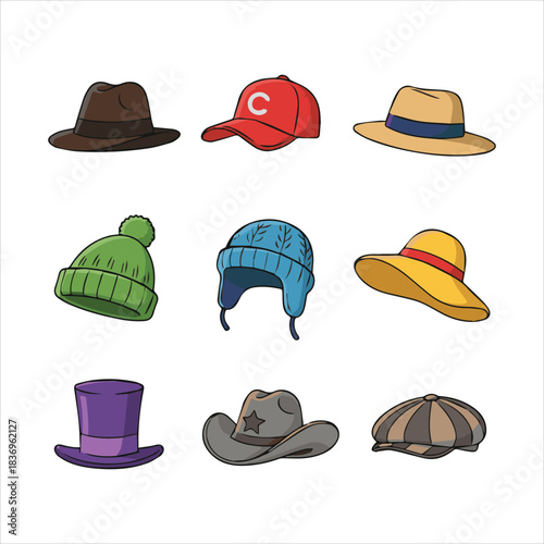 Variety of hats cartoon illustration for different occasions