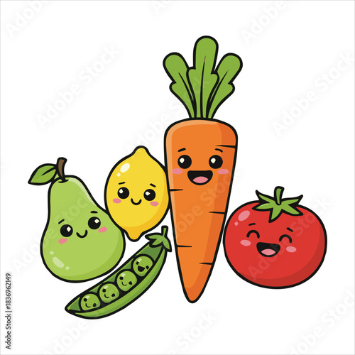 Cute cartoon happy fruits and vegetables group healthy food kids