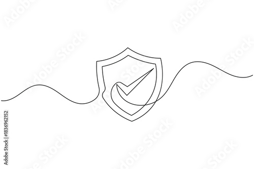 Continuous line art shield with checkmark, data safety, secure
