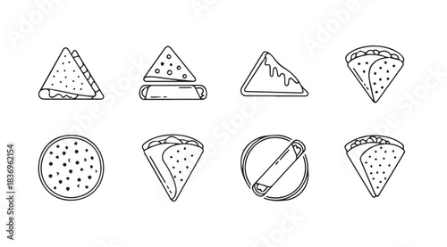 Hand drawn food icons featuring slices of pizza and savory pastries in sketchy line art style vector