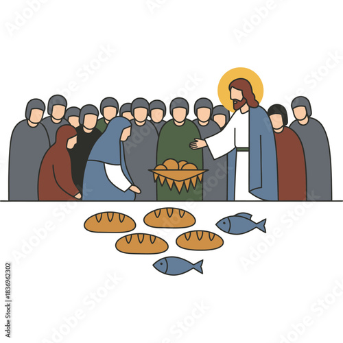 Jesus feeds the multitude with loaves and fishes illustration miracle bread feeding religion christianity