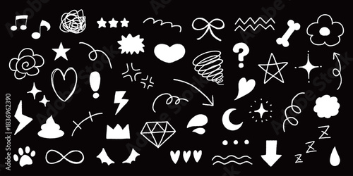 ポップで可愛いモノクロの落書きイラストの詰め合わせ。手書きアイコンのベクター素材セット