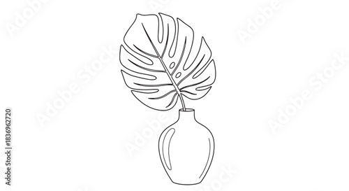 Monstera leaf in a vase, minimalist line art