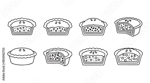 Collection of delicious baked pies various fillings and whole and sliced views vector