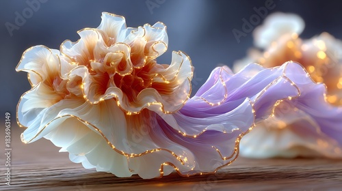 Purple and White Flower with Gold Accents on Wooden Table