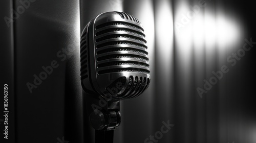 Vintage microphone on stage backdrop