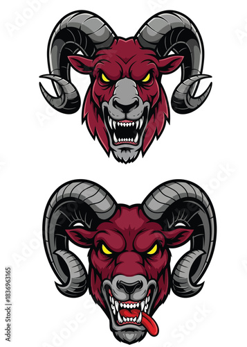 Two aggressive ram heads with sharp teeth and curved horns, one with its tongue out, in a cartoon mascot style.