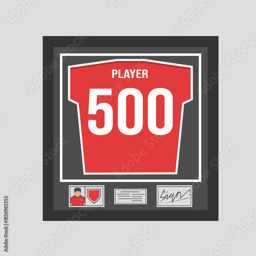 Football achievement memorabilia. Framed red player jersey with "500" milestone number. Vector stock illustration.